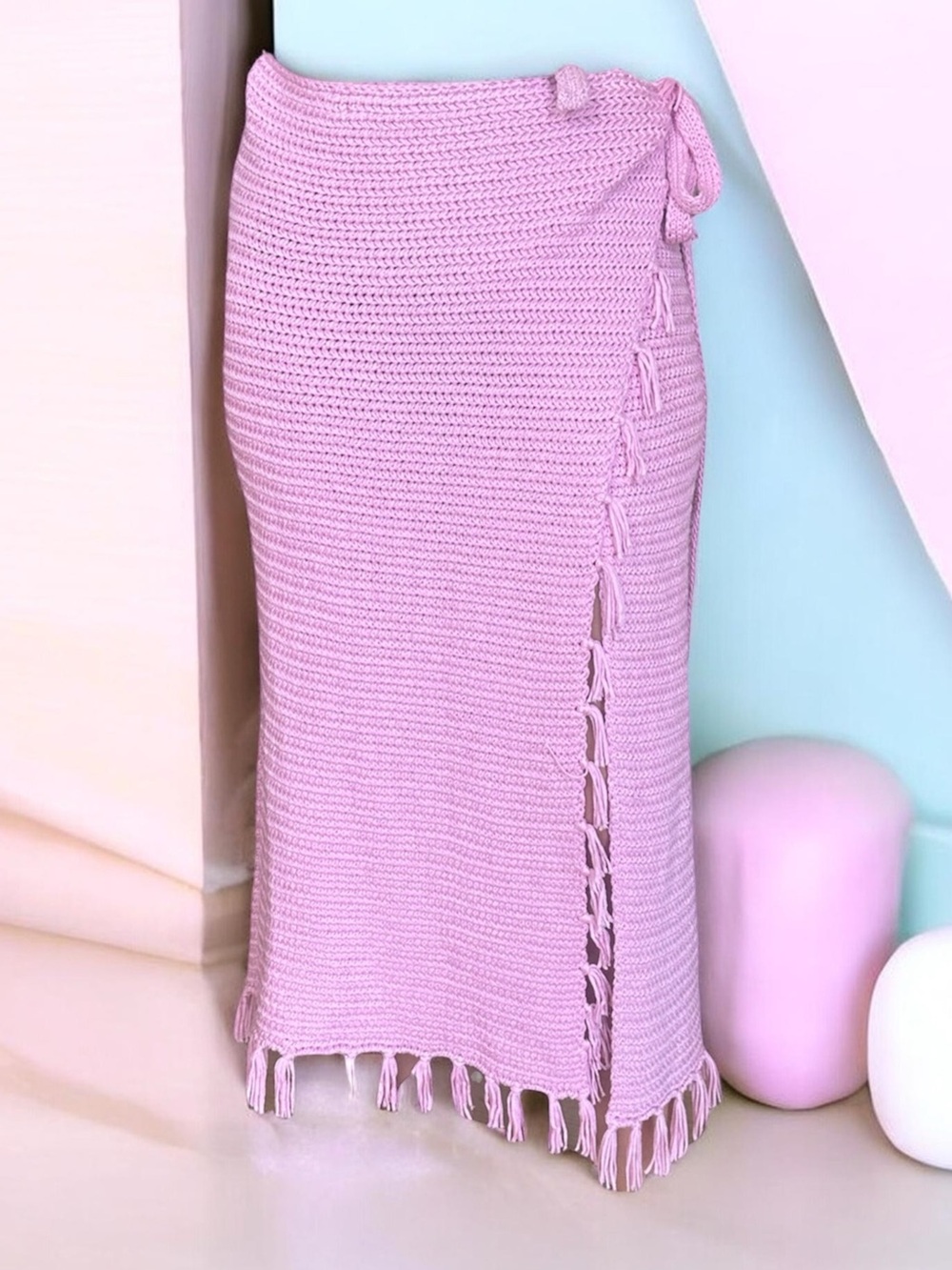 Elan Knit Fringe Midi Skirt in Lavender Pink